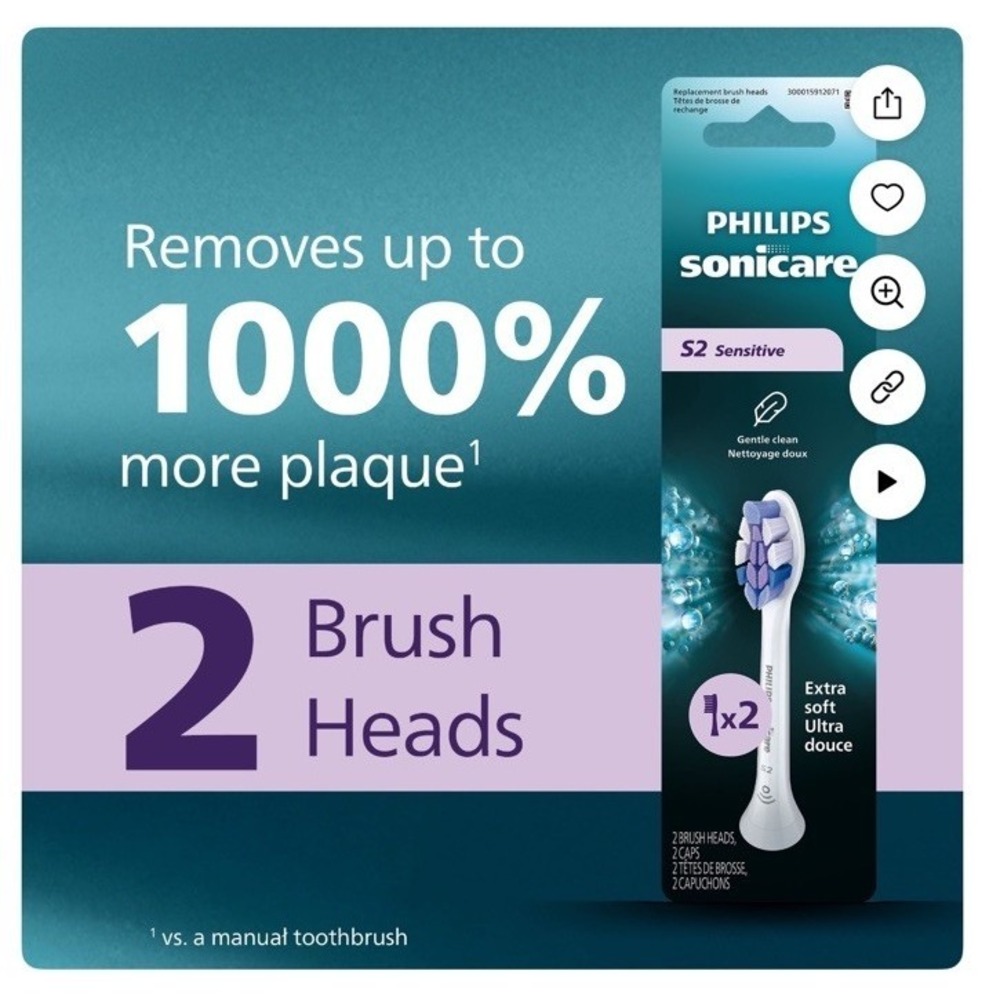 Philips Sonicare S2 Sensitive Replacement Brush Heads Extra Soft Ultra 2 Count